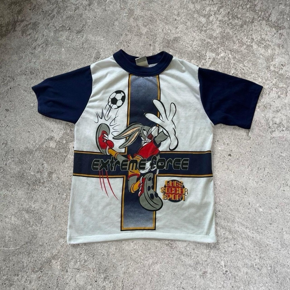 VTG Looney Tunes Shirt Kids Medium Youth 90s Bugs Bunny Soccer ⚽️ World Cup AOP